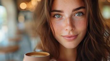 ai generado de cerca retrato de hermosa joven morena mujer con café foto