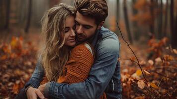 AI generated couple is hugging and sitting close in the forest photo