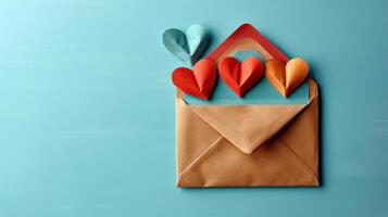 AI generated envelope with paper hearts on minimalist vivid background with copy space photo