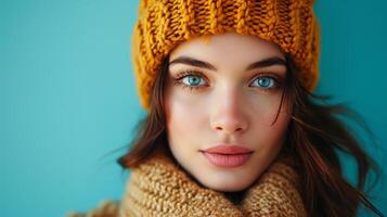 AI generated Close-up portrait of beautiful young brunette woman in knitted hat on minimalist vivid background photo