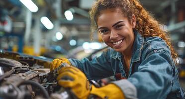 ai generado hembra mecánico sonriente mientras trabajando en un coche foto