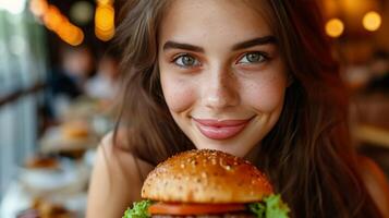 ai generado de cerca retrato de hermosa joven morena mujer con grande hamburguesa foto