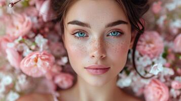 AI generated Close-up portrait of beautiful young brunette woman with flowers photo