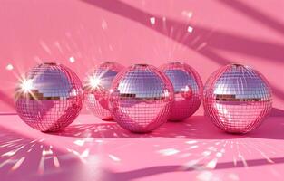 AI generated four pink disco balls on a pink background, pop inspo, mirrored, happycore, photo