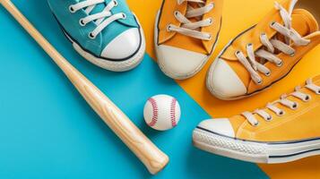 AI generated baseball bat, baseball ball and sneakers on minimalist vivid background with copy space photo