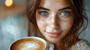 ai generado de cerca retrato de hermosa joven morena mujer con café foto