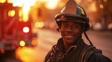 AI generated africanamerican man in a firefighter uniform standing near a blurred fire truck with copy space photo