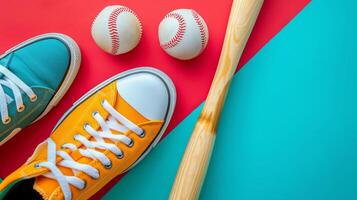 AI generated baseball bat, baseball ball and sneakers on minimalist vivid background with copy space photo