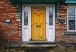 ai generado un amarillo puerta en un blanco casa foto