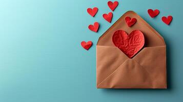 AI generated envelope with paper hearts on minimalist vivid background with copy space photo