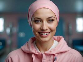 ai generado hermosa mujer con cáncer sonriente, vestido en rosado con rosado bufanda en cabeza, en hospital habitación, mundo cáncer día foto
