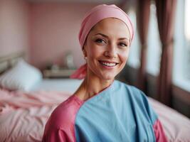 AI generated Beautiful woman with cancer smiling, dressed in pink with pink scarf on head, in hospital room, world cancer day photo