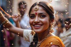 ai generado retrato de hermosa indio mujer sonriente en tradicional ropa, celebrando en el calle, hindú festivo concepto antecedentes foto