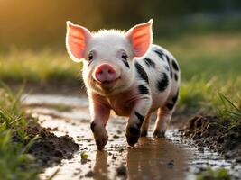 ai generado linda pequeño bebé cerdito jugando en verde campo, animal antecedentes foto