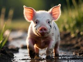 AI generated Cute little baby piglet playing in green field, animal background photo