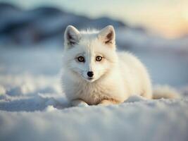 AI generated Portrait of cute little baby white arctic fox in the snow, animal background, wallpaper photo