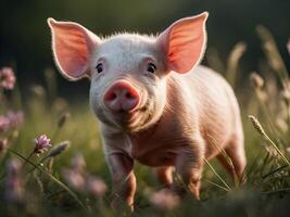 ai generado linda pequeño bebé cerdito jugando en verde campo, animal antecedentes foto