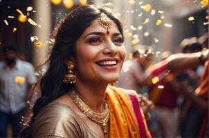 ai generado retrato de hermosa indio mujer sonriente en tradicional ropa, celebrando en el calle, hindú festivo concepto antecedentes foto