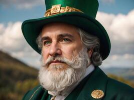 AI generated Portrait of elderly bearded man in St. Patrick's green costume, festive fashion background photo