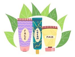 protección de la piel productos productos cosméticos colocar. natural productos cosméticos para piel y cuerpo en vistoso botellas, tubos vector plano ilustración. de moda mano dibujo garabatear estilo aislado en blanco antecedentes.