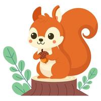 Cute squirrel holding an acorn while sitting on a stump. Vector cartoon illustration