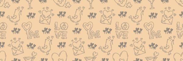 The love theme doodle style color seamless pattern, Valentines Day hand-drawn icons with a simple engraving retro effect. Romantic mood, cute symbols and elements backgrounds collection. vector