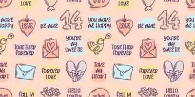 The love theme doodle style color seamless pattern, Valentines Day hand-drawn icons with a simple engraving retro effect. Romantic mood, cute symbols and elements backgrounds collection. vector