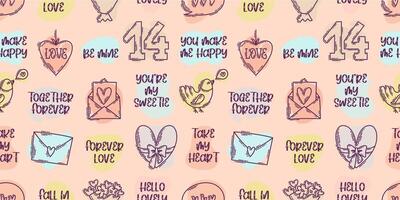 The love theme doodle style color seamless pattern, Valentines Day hand-drawn icons with a simple engraving retro effect. Romantic mood, cute symbols and elements backgrounds collection. vector