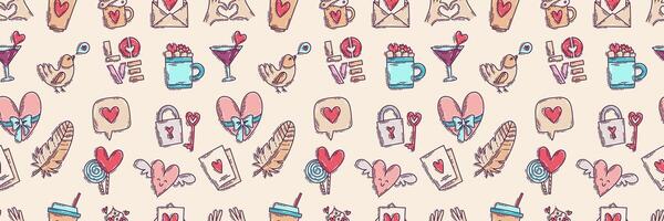 The love theme doodle style color seamless pattern, Valentines Day hand-drawn icons with a simple engraving retro effect. Romantic mood, cute symbols and elements backgrounds collection. vector