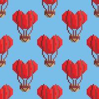 Vector seamless pattern with red heart shaped balloons in the sky. Pixel art style