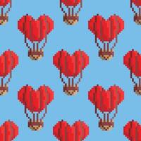 Vector seamless pattern with red heart shaped balloons in the sky. Pixel art style