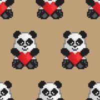 Vector seamless pattern of a toy panda bear holding a red heart. Pixel art style