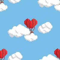 Vector seamless pattern with red heart shaped balloons in the sky. Pixel art style