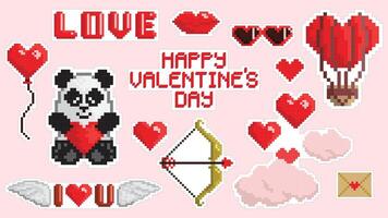 Valentines Day pixel art style stickers set. Balloons, hearts, lettering, various heart-shaped objects vector