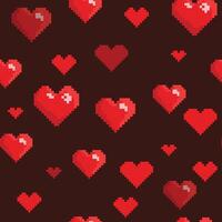 Vector seamless pattern with red hearts on dark background. Pixel art style