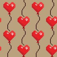 Vector seamless patter with heart shaped red balloons on biege backrgound. Pixel art style
