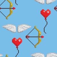 Vector seamless pattern with red heart shaped balloons in the sky. Pixel art style