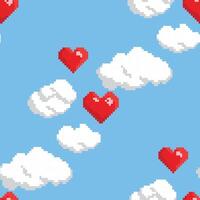 Vector seamless pattern with red heart shaped balloons in the sky. Pixel art style