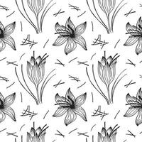 Saffron spice flower seamless pattern with saffroned plants stigmas  hand drawn vector illustration. Repeating background with fragrant oriental spice,  backdrop for label, print, paper, card