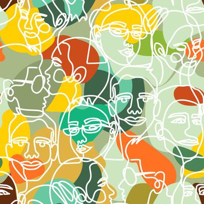 Camouflage seamless pattern with the face of a woman and a man drawn in one line. Seamless background camouflage