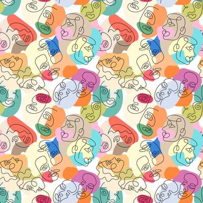 Camouflage seamless pattern with the face of a woman and a man drawn in one line. Seamless background camouflage