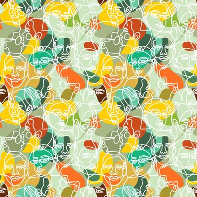 Camouflage seamless pattern with the face of a woman and a man drawn in one line. Seamless background camouflage