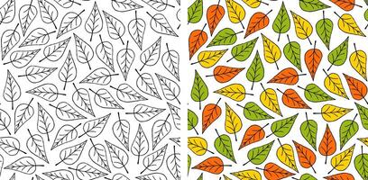 Flying and falling autumn leaves. Anti-stress coloring page for adults and children. Seamless pattern with leaves for coloring. White background. Vector illustration