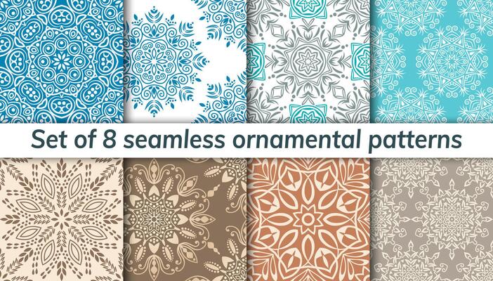 Pattern set arabic, indian, japanese, islamic motifs. Collection of 8 patterns. Mandala seamless pattern.