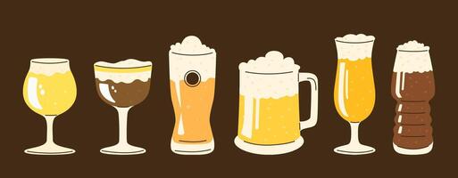 A set of glasses of various shapes filled with different types of beer. vector