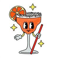 Cheerful cocktail character with a drinking tube. Cartoon groovy style. vector