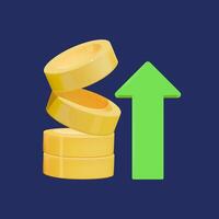 3D icon coins stack with arrow up. Concept of income growth and profit increase. vector