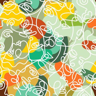 Camouflage seamless pattern with the face of a woman and a man drawn in one line. Seamless background camouflage