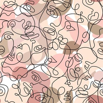 Camouflage seamless pattern with the face of a woman and a man drawn in one line. Seamless background camouflage
