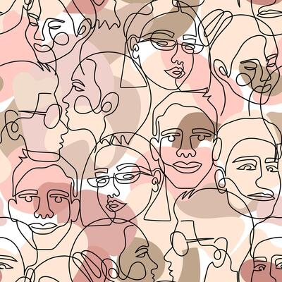 Camouflage seamless pattern with the face of a woman and a man drawn in one line. Seamless background camouflage